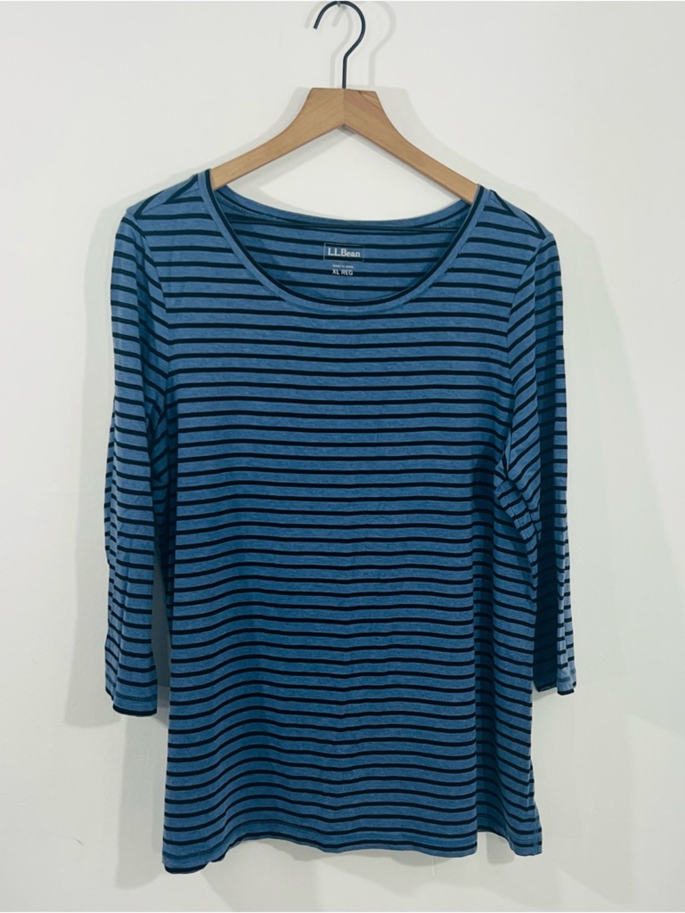 L.L. Bean Blue Black Scoop Neck Pullover 3/4 Sleeve Striped Top SIze XL